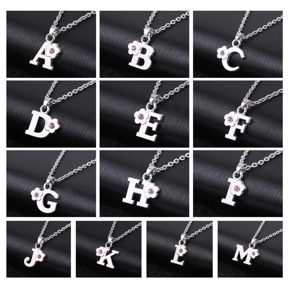 My Shape Initials Flower Letter Name Necklace for Girls Children's Alloy Crystal Flower A-Z Alphabet Pendant Chain Kids Jewelry