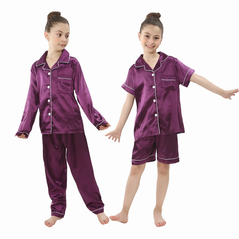 New Children Silk Satin Pyjamas Set Baby Sleepwear Pijama Solid color Pajamas Suit Boys Girls Sleep Set Autumn Kids Loungewear