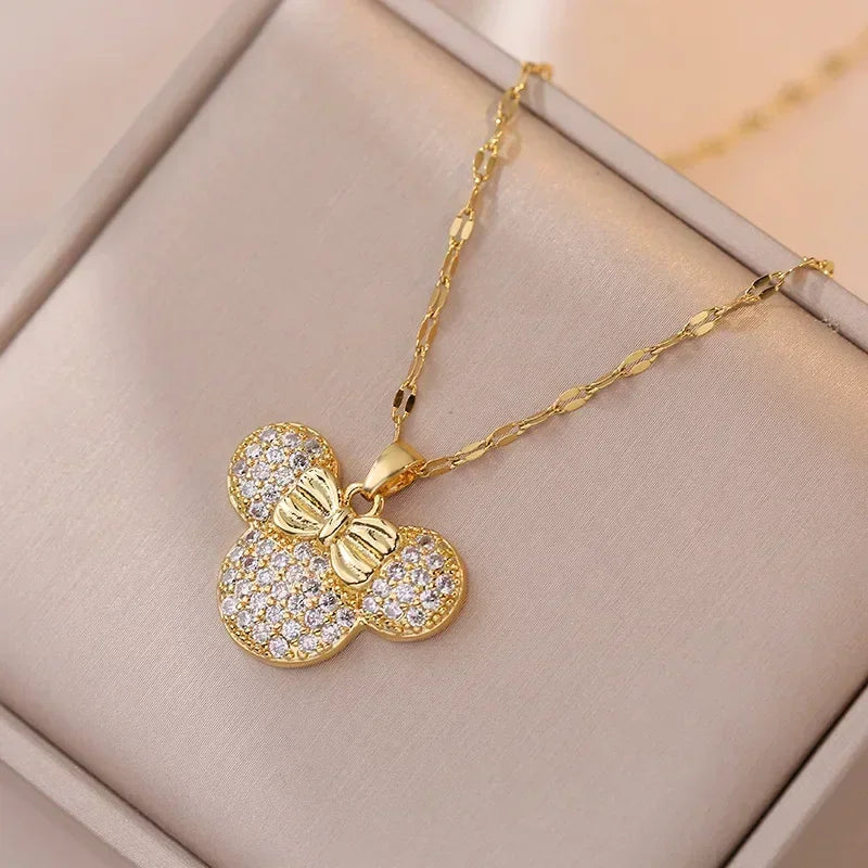 Cartoon Disney Mickey Minnie Mouse Studded with Zircon Necklace for Women Girl Stainless Steel Chain Sweet Gift for Friends Kids