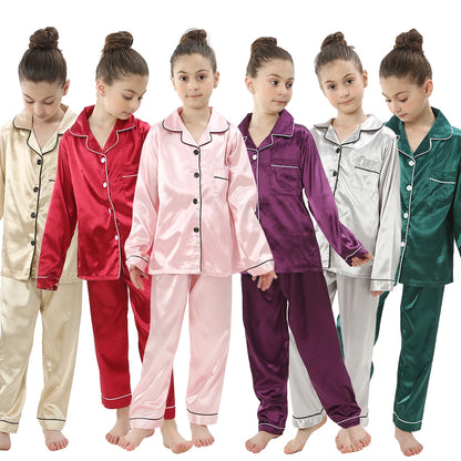 New Children Silk Satin Pyjamas Set Baby Sleepwear Pijama Solid color Pajamas Suit Boys Girls Sleep Set Autumn Kids Loungewear