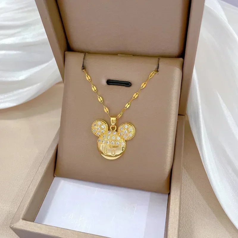 Cartoon Disney Mickey Minnie Mouse Studded with Zircon Necklace for Women Girl Stainless Steel Chain Sweet Gift for Friends Kids