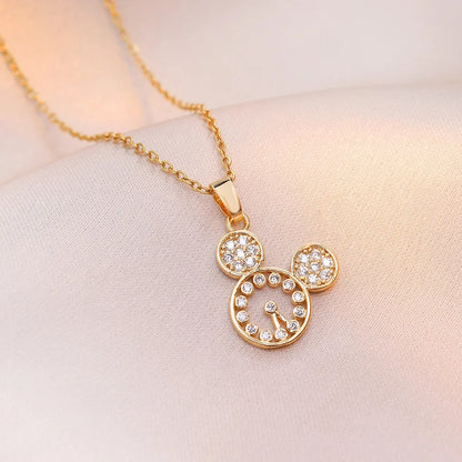 Cartoon Disney Mickey Minnie Mouse Studded with Zircon Necklace for Women Girl Stainless Steel Chain Sweet Gift for Friends Kids