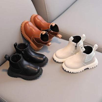 Fashion Boy Girl Short Boots Non-Slip British Style Boots Children's Side Zipper Design Single Boots Leather Boots Anti-skid