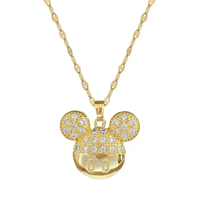 Cartoon Disney Mickey Minnie Mouse Studded with Zircon Necklace for Women Girl Stainless Steel Chain Sweet Gift for Friends Kids