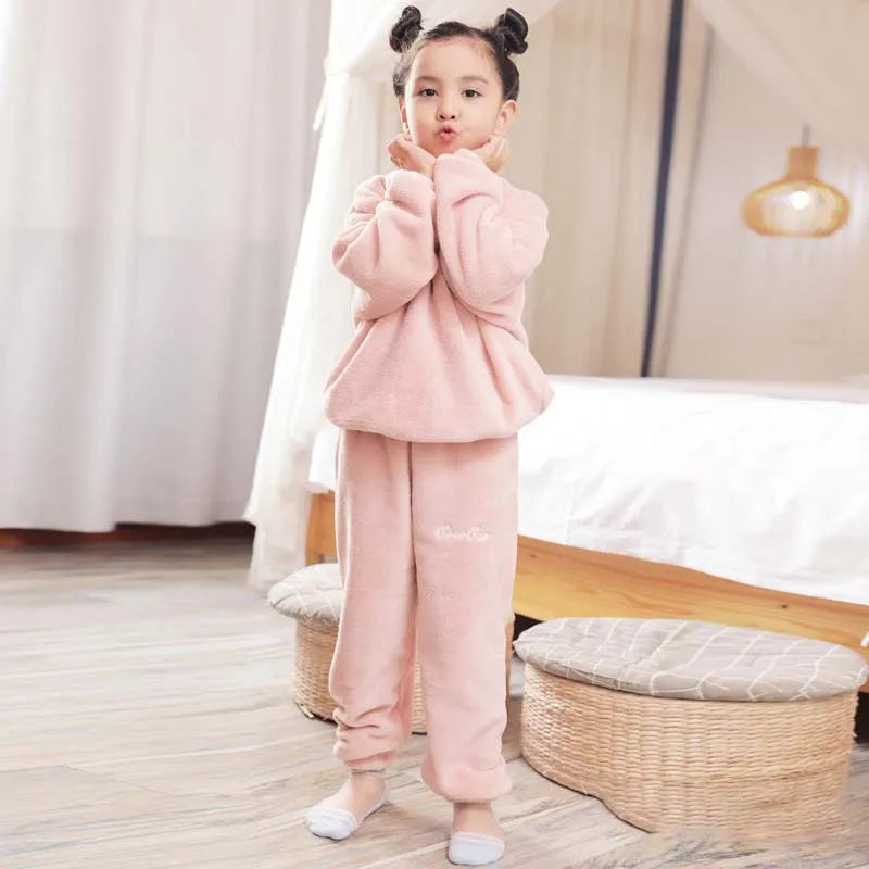 Coral Velvet Super Soft Pajamas Sets for Kids Boys Girls Long Sleeves Pants Lazy Children Sleepwear Sets Solid Nightwear Suits