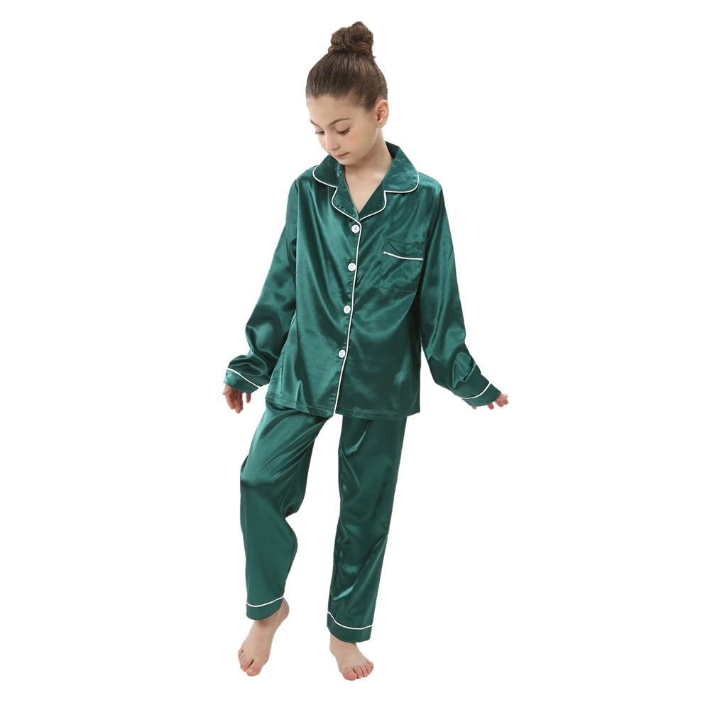 New Children Silk Satin Pyjamas Set Baby Sleepwear Pijama Solid color Pajamas Suit Boys Girls Sleep Set Autumn Kids Loungewear