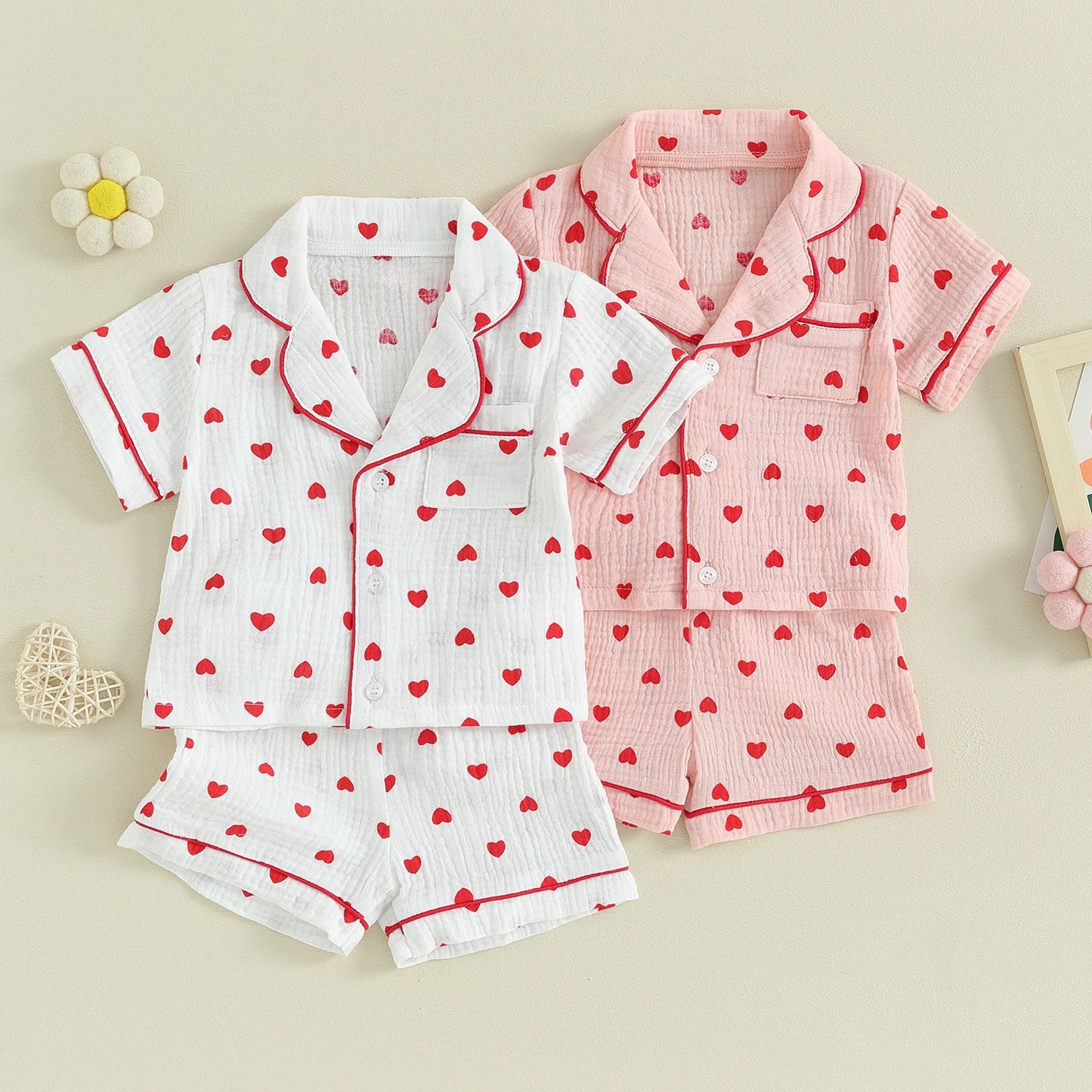 ma&baby 6M-4Y Valentine's Day Infant Toddler Kid Baby Girl Boy Clothes Set Short Sleeve Tops  Heart Print Shorts Pajama Summer