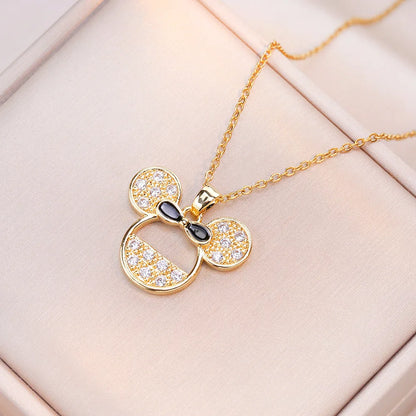 Cartoon Disney Mickey Minnie Mouse Studded with Zircon Necklace for Women Girl Stainless Steel Chain Sweet Gift for Friends Kids