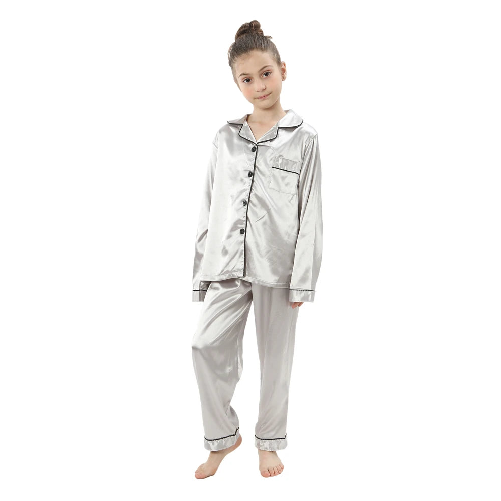 New Children Silk Satin Pyjamas Set Baby Sleepwear Pijama Solid color Pajamas Suit Boys Girls Sleep Set Autumn Kids Loungewear