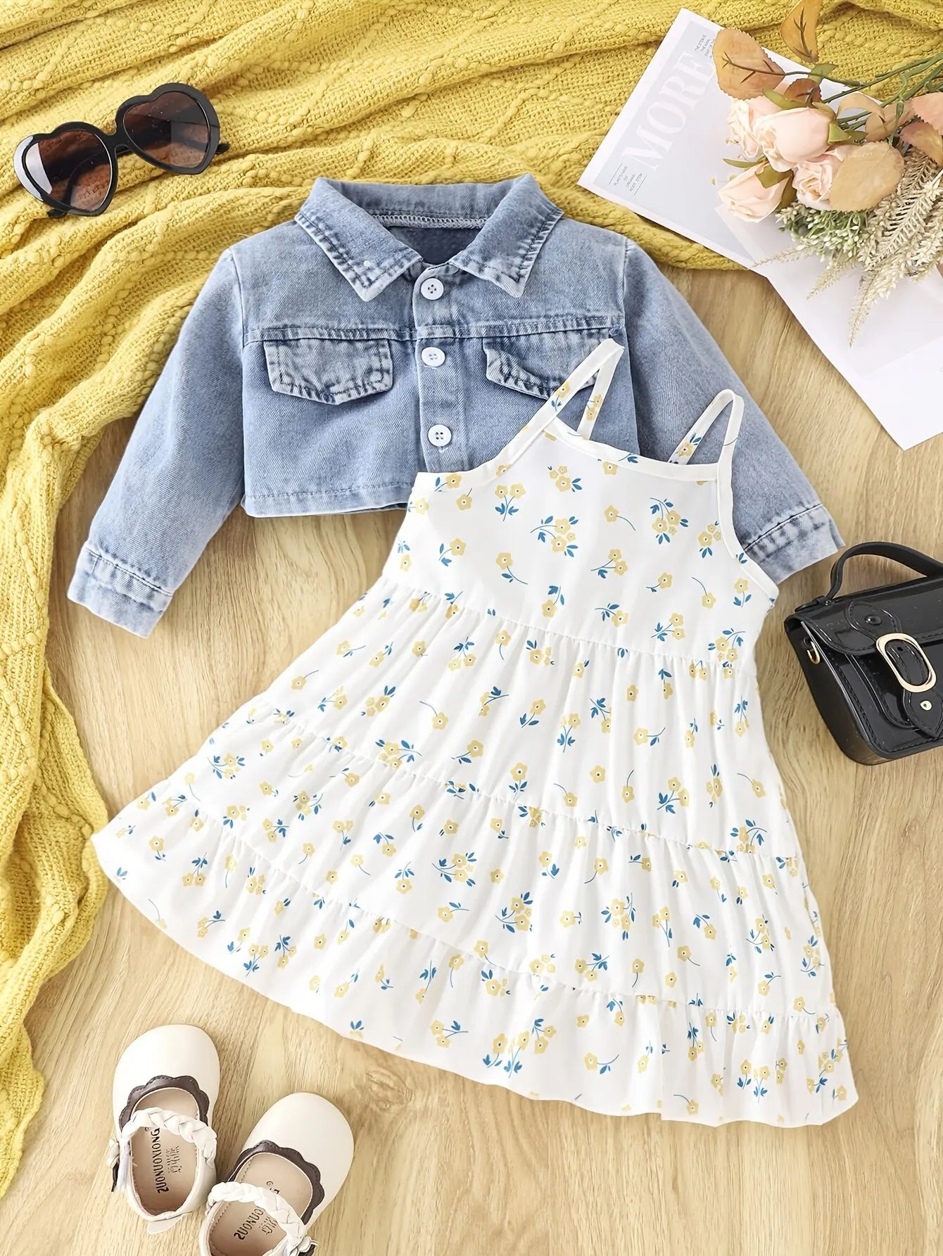 Denim Coat Floral Dress Two-piece Set