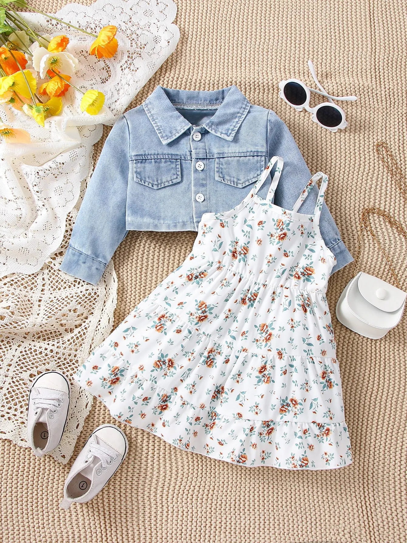 Denim Coat Floral Dress Two-piece Set