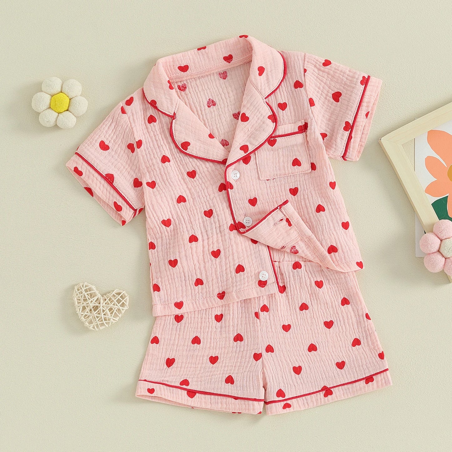 ma&baby 6M-4Y Valentine's Day Infant Toddler Kid Baby Girl Boy Clothes Set Short Sleeve Tops  Heart Print Shorts Pajama Summer