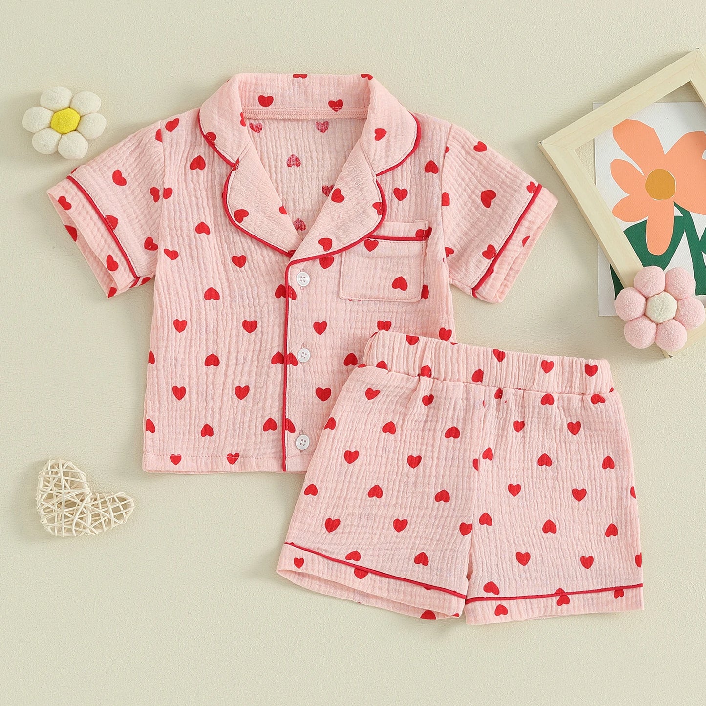 ma&baby 6M-4Y Valentine's Day Infant Toddler Kid Baby Girl Boy Clothes Set Short Sleeve Tops  Heart Print Shorts Pajama Summer