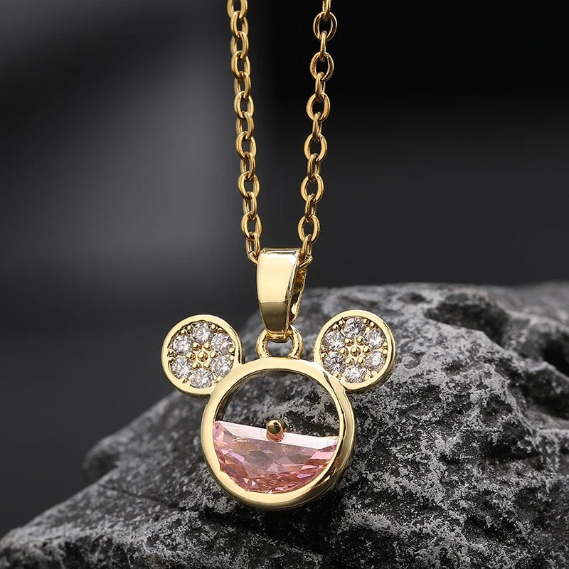 Cartoon Disney Mickey Minnie Mouse Studded with Zircon Necklace for Women Girl Stainless Steel Chain Sweet Gift for Friends Kids