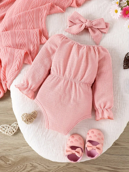 Baby Baby Spring and Autumn Cute Fashion Sweet Foreign Style Bow Pink Long Sleeve Onesie + Kerchief Baby Two-piece Set