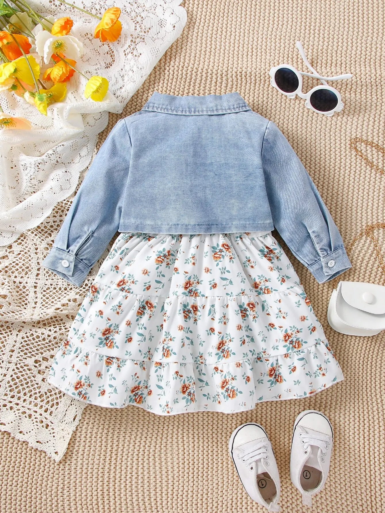 Denim Coat Floral Dress Two-piece Set