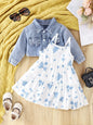 Denim Coat Floral Dress Two-piece Set