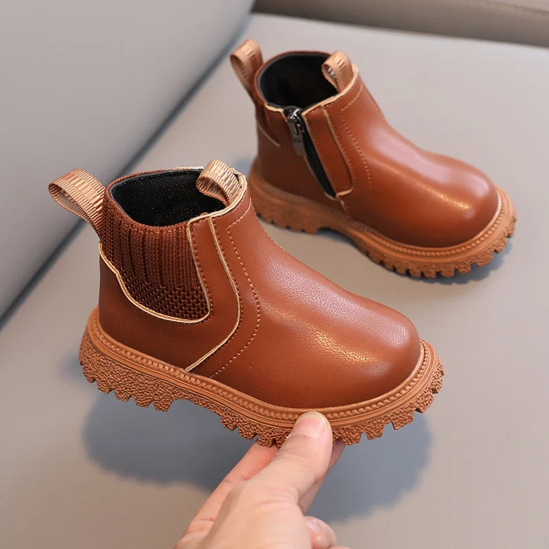 Fashion Boy Girl Short Boots Non-Slip British Style Boots Children's Side Zipper Design Single Boots Leather Boots Anti-skid