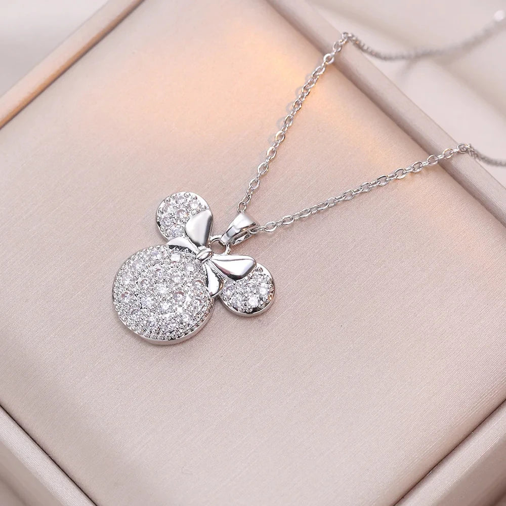 Cartoon Disney Mickey Minnie Mouse Studded with Zircon Necklace for Women Girl Stainless Steel Chain Sweet Gift for Friends Kids