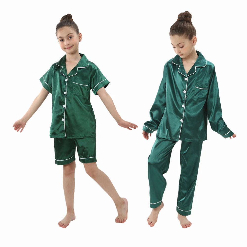 New Children Silk Satin Pyjamas Set Baby Sleepwear Pijama Solid color Pajamas Suit Boys Girls Sleep Set Autumn Kids Loungewear