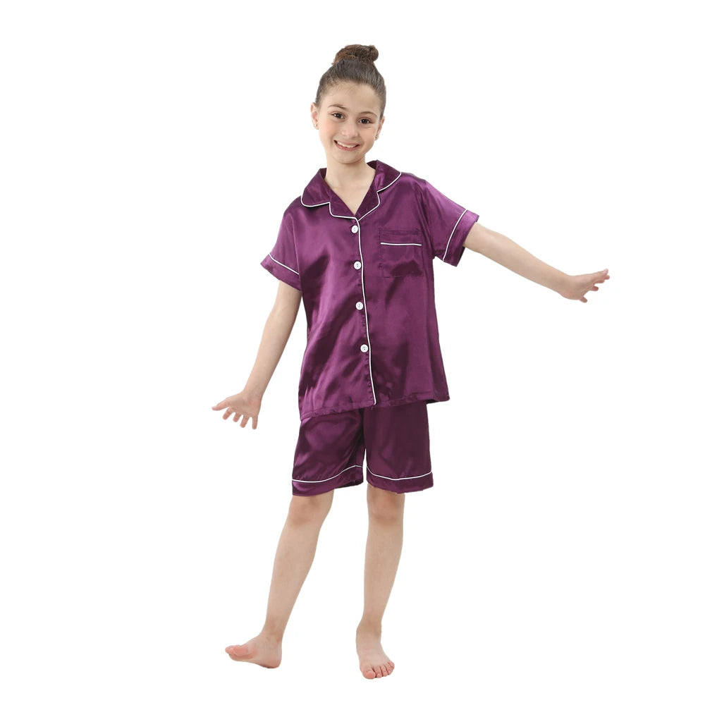 New Children Silk Satin Pyjamas Set Baby Sleepwear Pijama Solid color Pajamas Suit Boys Girls Sleep Set Autumn Kids Loungewear