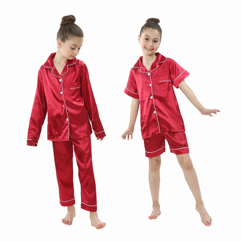 New Children Silk Satin Pyjamas Set Baby Sleepwear Pijama Solid color Pajamas Suit Boys Girls Sleep Set Autumn Kids Loungewear