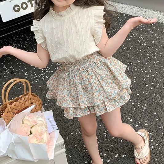 Girls' Suit Summer 2024 New Children's Summer Dress Baby Girl Fashionable Children's Top+Skirt Two-Piece Set