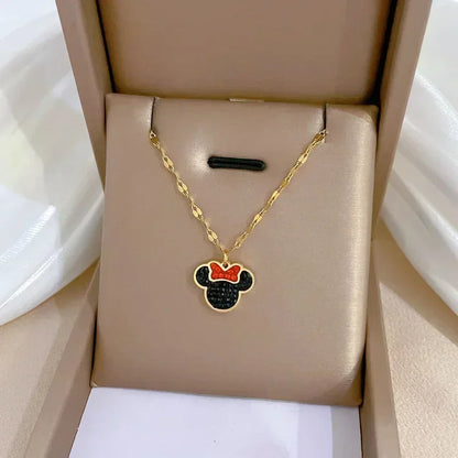 Cartoon Disney Mickey Minnie Mouse Studded with Zircon Necklace for Women Girl Stainless Steel Chain Sweet Gift for Friends Kids