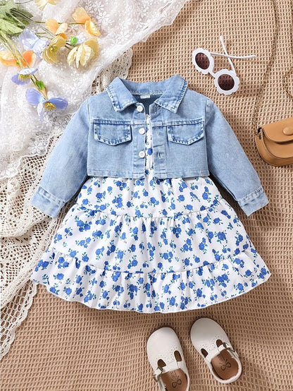 Denim Coat Floral Dress Two-piece Set