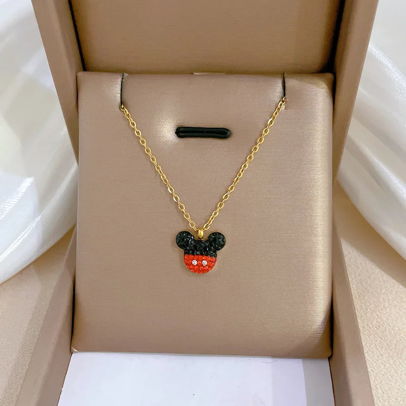 Cartoon Disney Mickey Minnie Mouse Studded with Zircon Necklace for Women Girl Stainless Steel Chain Sweet Gift for Friends Kids