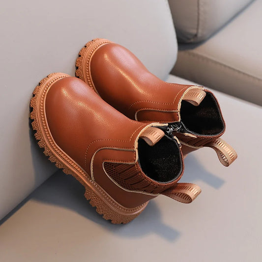 Fashion Boy Girl Short Boots Non-Slip British Style Boots Children's Side Zipper Design Single Boots Leather Boots Anti-skid