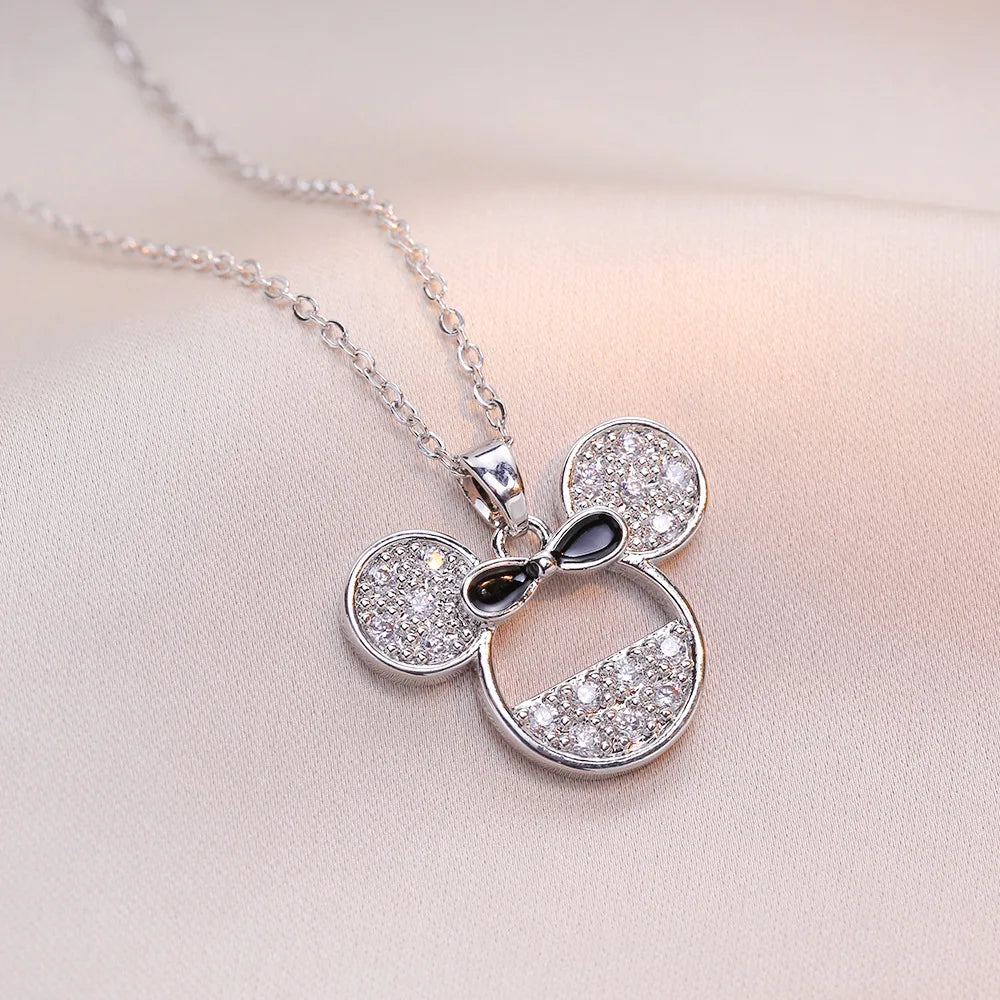 Cartoon Disney Mickey Minnie Mouse Studded with Zircon Necklace for Women Girl Stainless Steel Chain Sweet Gift for Friends Kids